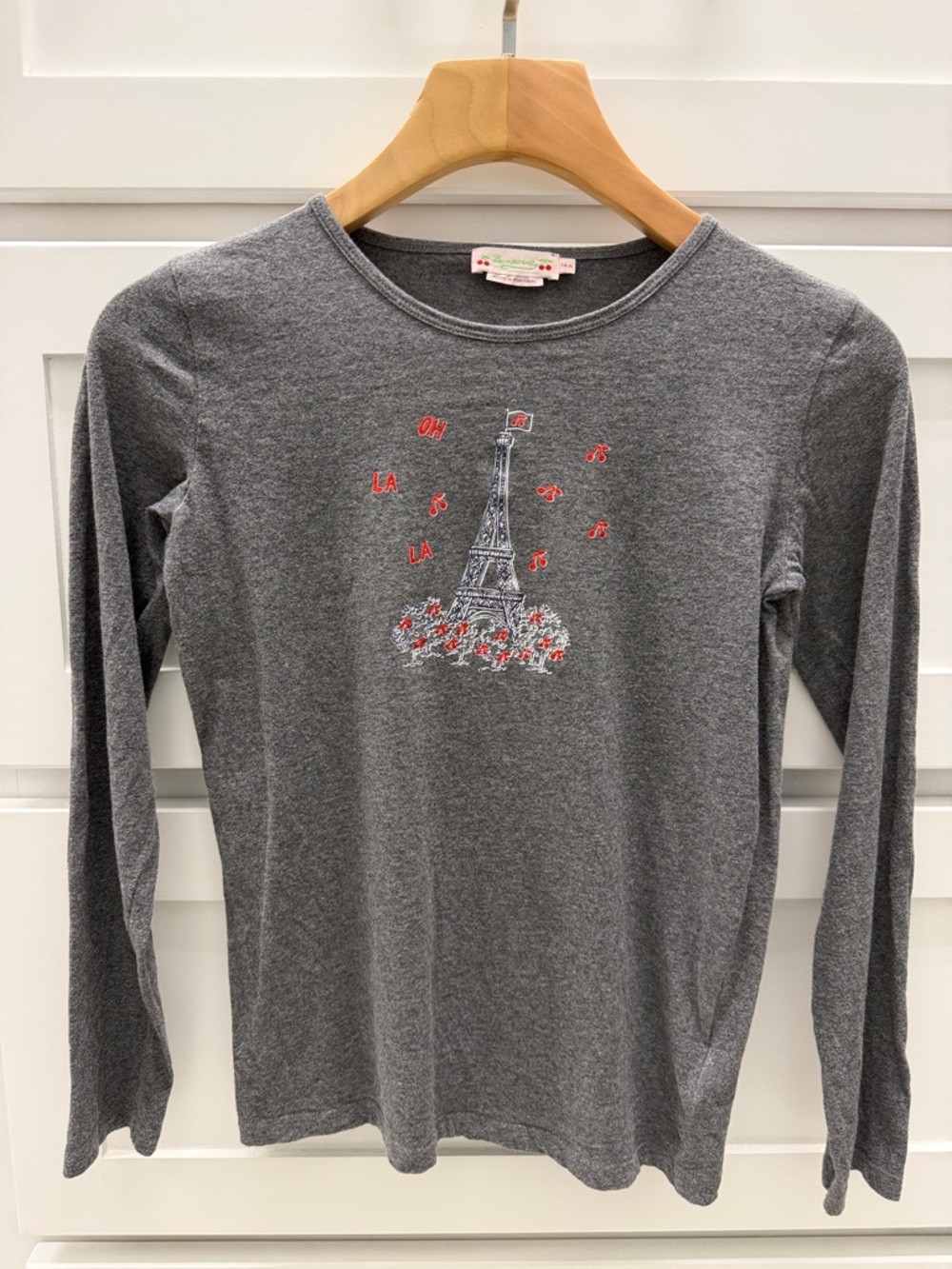 Bonpoint kids Gray Long Sleeve Tee with Eiffel Tower Embroidery